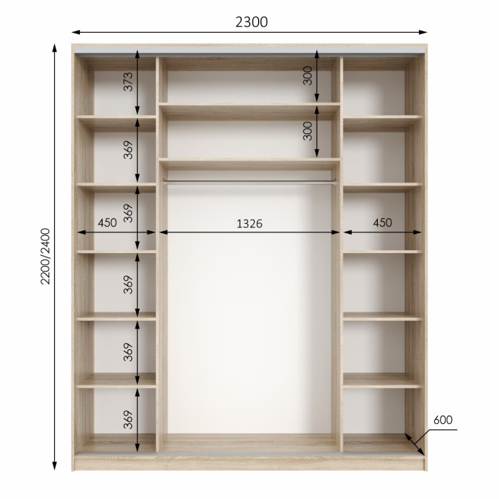 Шкаф купе трехдверный Neo Light Kombo 2300 h=2100-2700мм